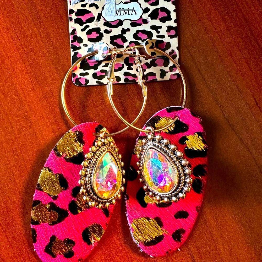HOT PINK GOLD AND BLACK LEOPARD EARRINGS